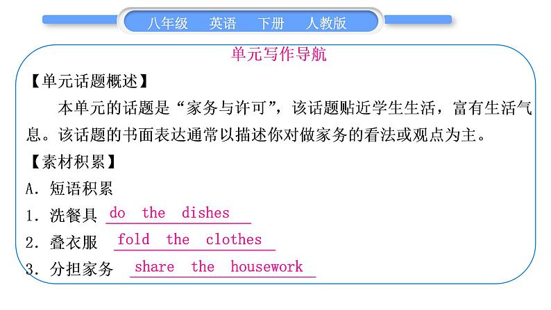 人教版八年级英语下Unit  3　Could you please clean your room 单元写作导航与演练习题课件第2页