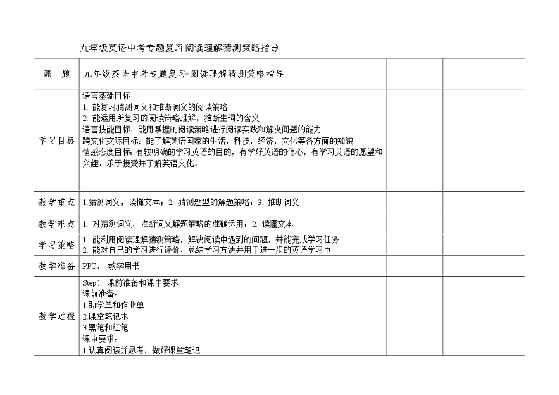 九年级英语中考专题复习-阅读理解猜测策略指导 教案第1页