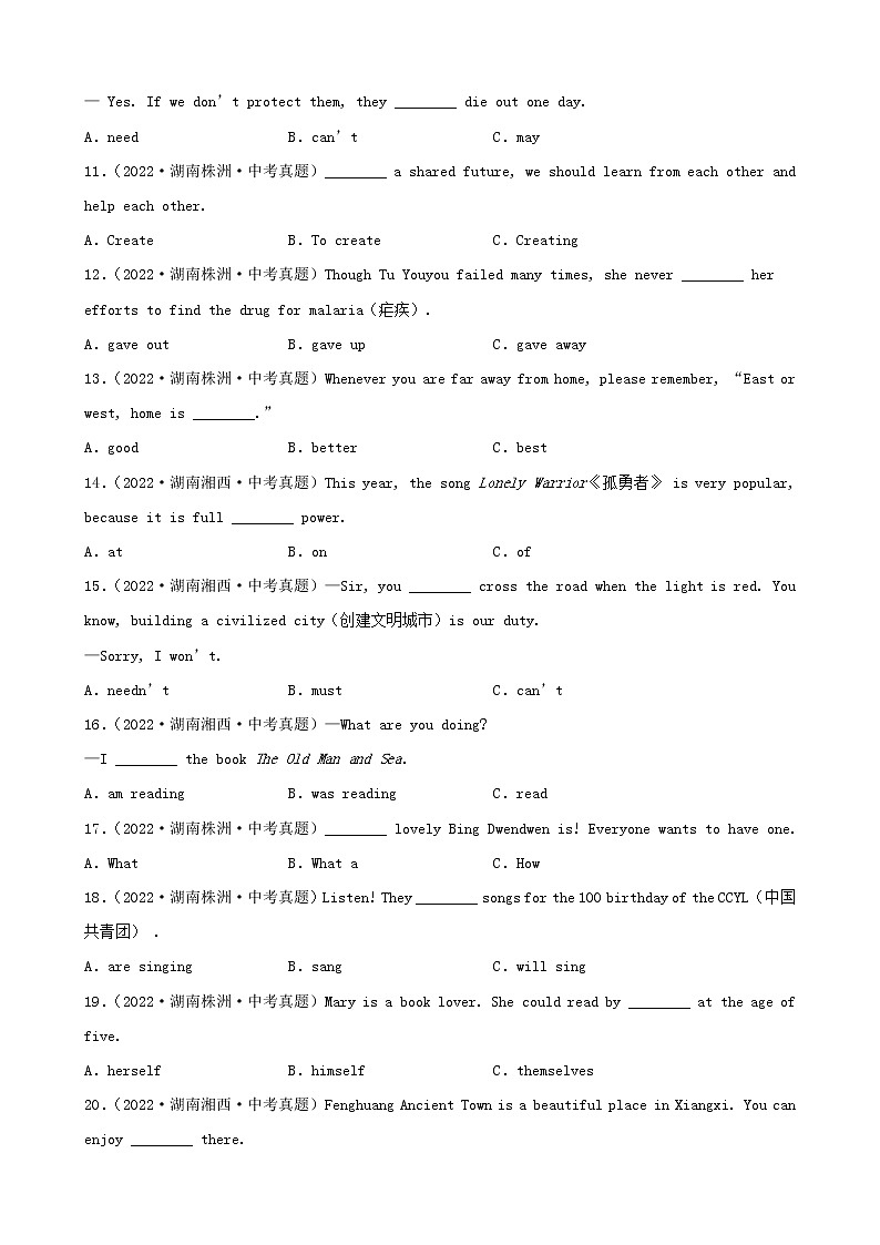 湖南省2022年中考英语真题分题型分层汇编-01选择题02