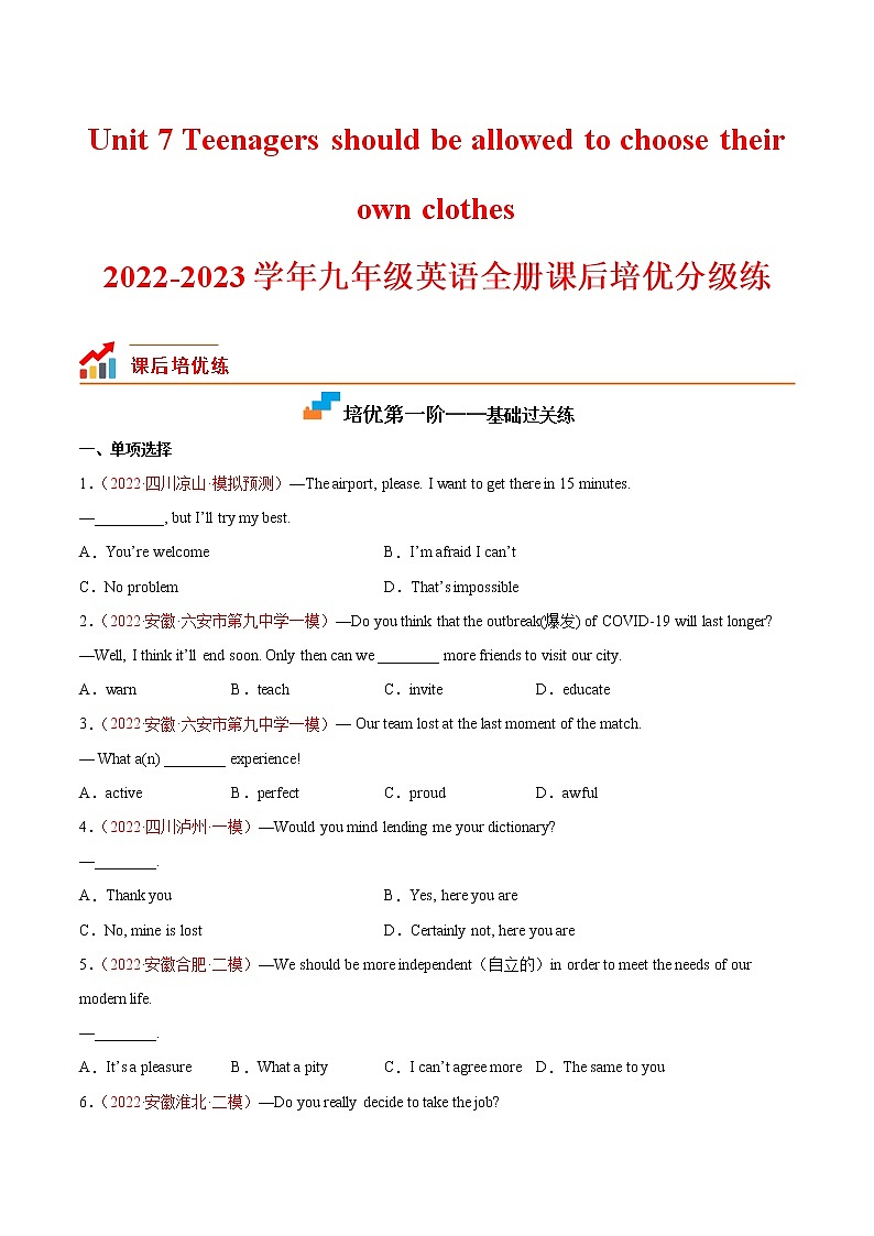 【培优分级练】人教版英语九年级全册 Unit 7 同步分级练（含解析）01