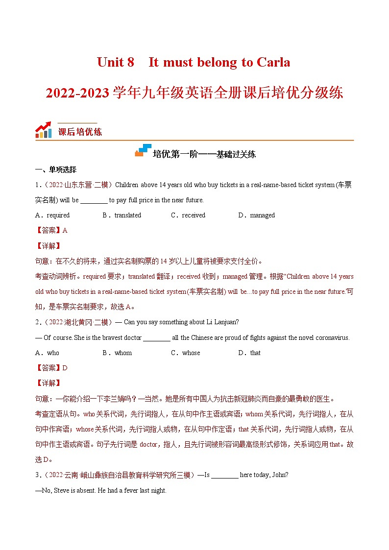 【培优分级练】人教版英语九年级全册 Unit 8 同步分级练（含解析）01