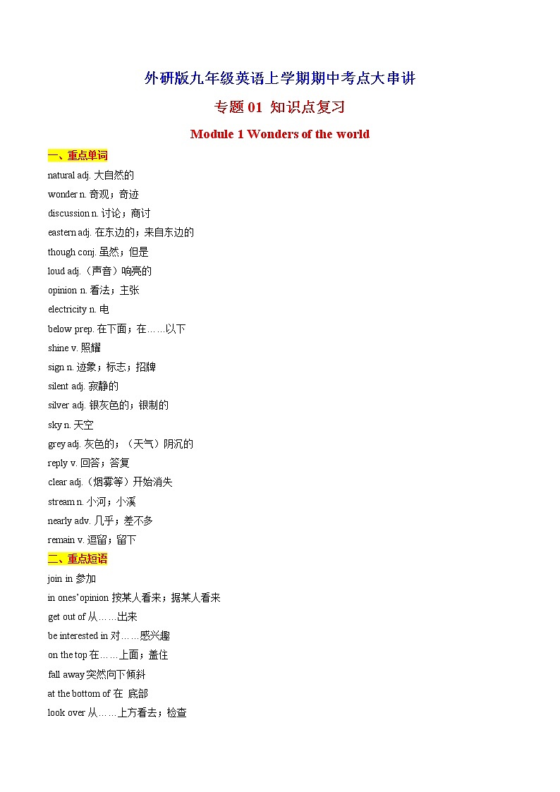 专题01+知识点复习-九年级英语上学期期中考点大串讲（外研版）01