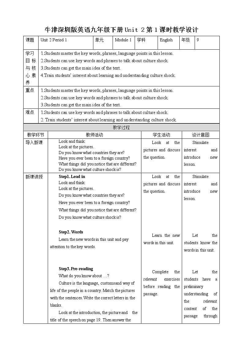 牛津深圳版 九下Module 1 Unit 2 Culture shock Period 1 Reading I 课件+教案+导学案01