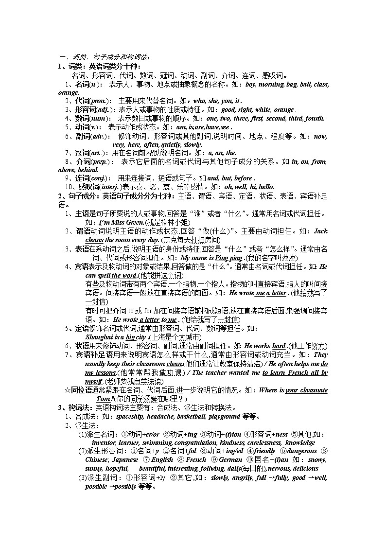 中考英语专题复习：词类、句子成分和构词法第1页