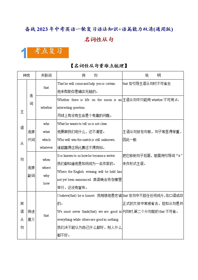 1.12 名词性从句(含PPT)-备战2023年中考英语一轮复习语法知识+语篇能力双清(通用版)01