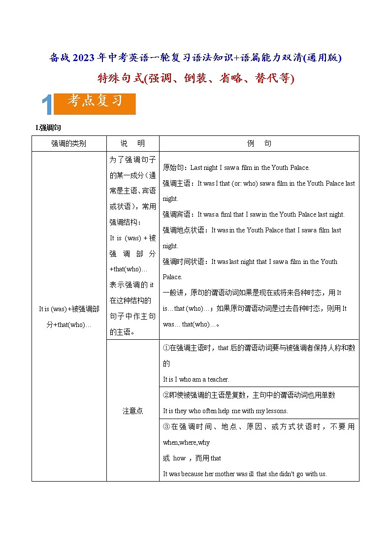 1.15 特殊句式(倒装、省略、替代等)(含PPT)-备战2023年中考英语一轮复习语法知识+语篇能力双清(通用版)01