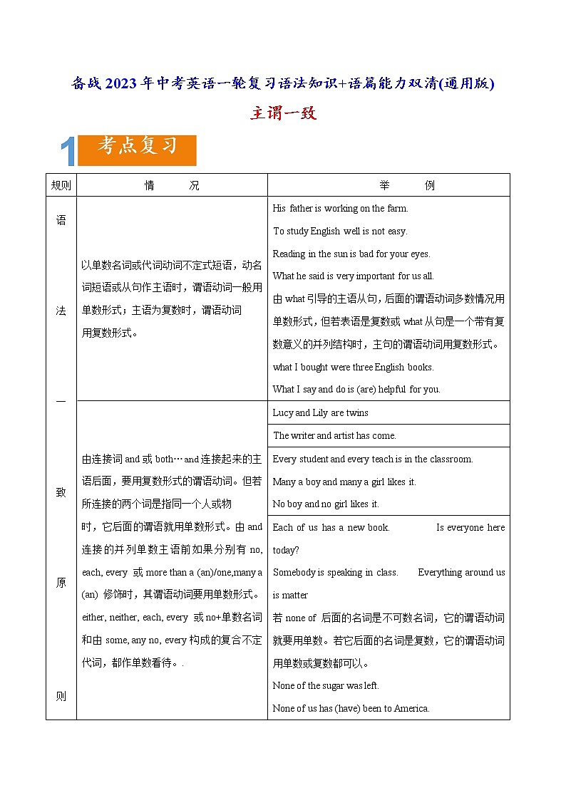 1.16 主谓一致(含PPT)-备战2023年中考英语一轮复习语法知识+语篇能力双清(通用版)01