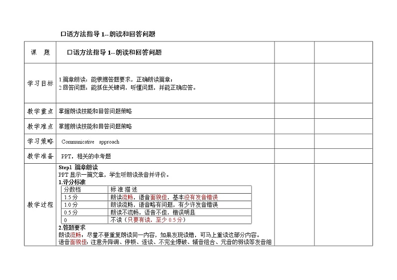 2023届中考语文二轮复习：口语方法指导1——--朗读和回答问题教案第1页