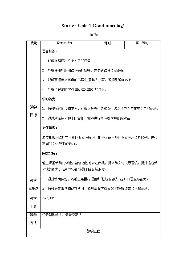 Starter Unit 1 第1课时 (1a-2e)（教案）-七年级英语上册同步备课系列（人教新目标Go For It）第1页