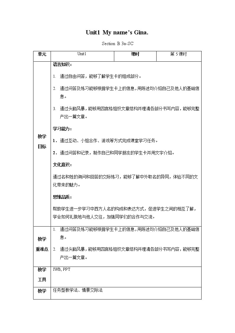 Unit 1 第5课时 (Section B 3a-selfcheck)  教案-人教版英语七年级上册01