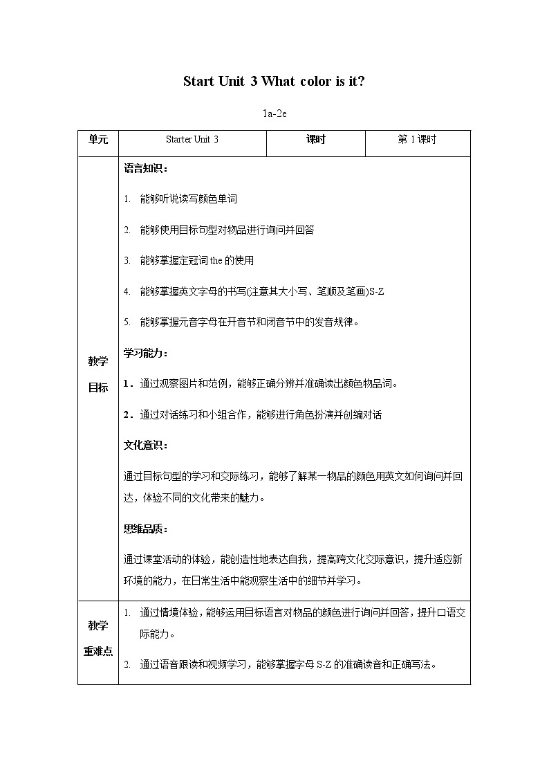 Starter Unit3 第1课时 (1a-2e) 教案-七年级英语上册同步备课系列（人教新目标Go For It）第1页