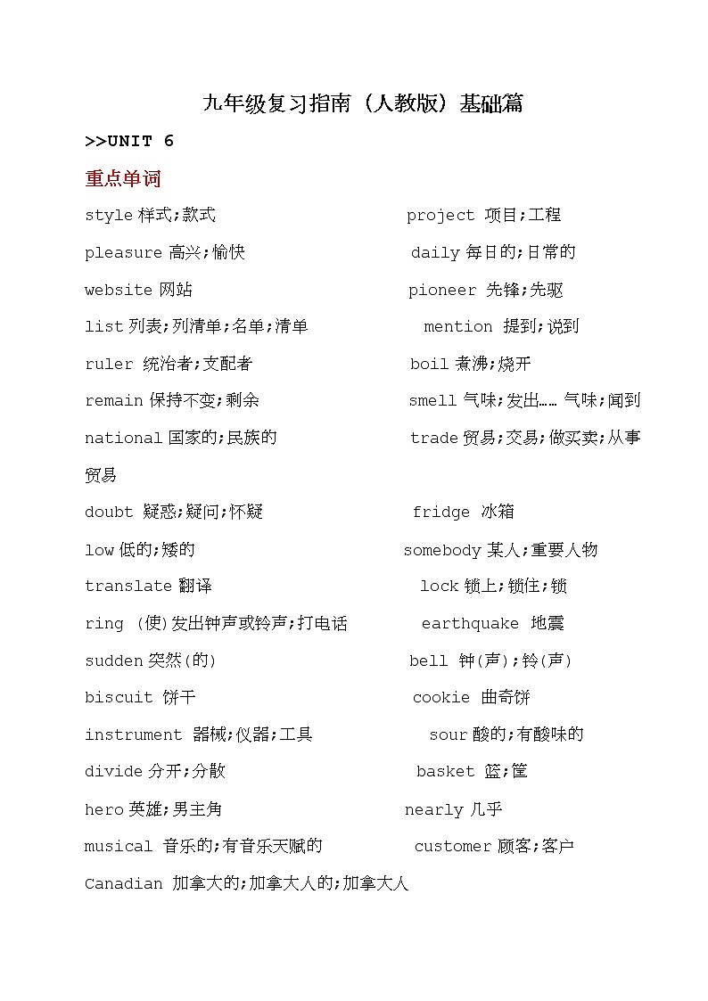 九年级复习指南（人教版）基础篇Unit6单元重点知识第1页