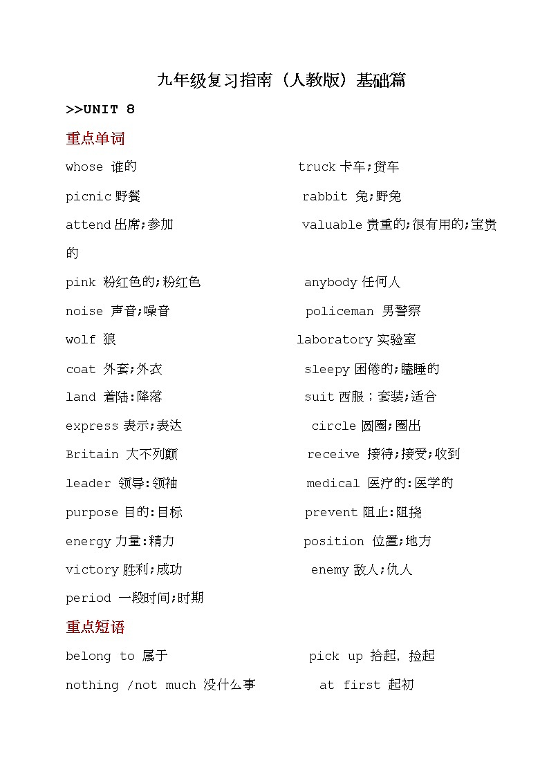 九年级复习指南（人教版）基础篇Unit 8单元重点知识01