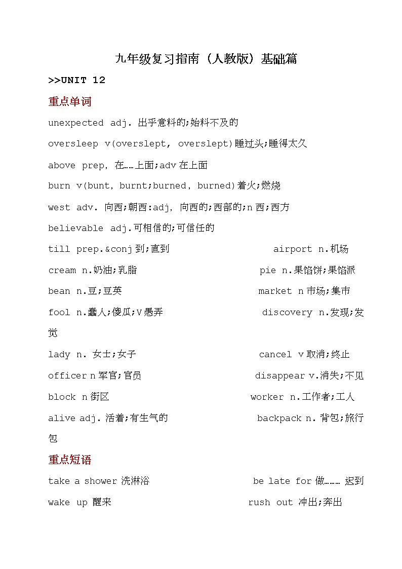 九年级复习指南（人教版）基础篇Unit12单元重点知识第1页