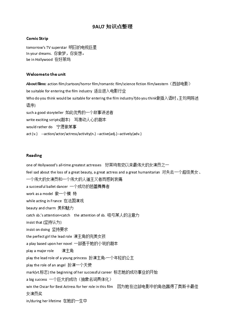 【同步练习】译林版初三英语上册 Unit 7 Films（知识点整理）第1页