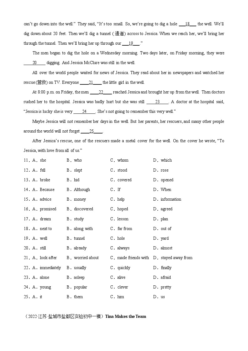 【同步练习】译林版初三英语上册 Unit8 单元话题完形填空训练02
