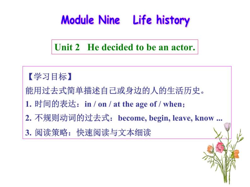 七年级下册  Module 9 Life history  Unit 2 He decided to be an actor.课件01