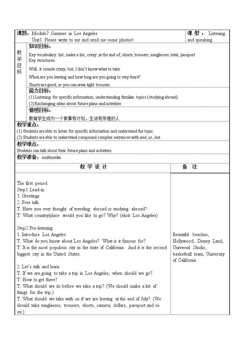 八年级下册Module 7 Summer in Los Angeles Unit 1 教案第1页