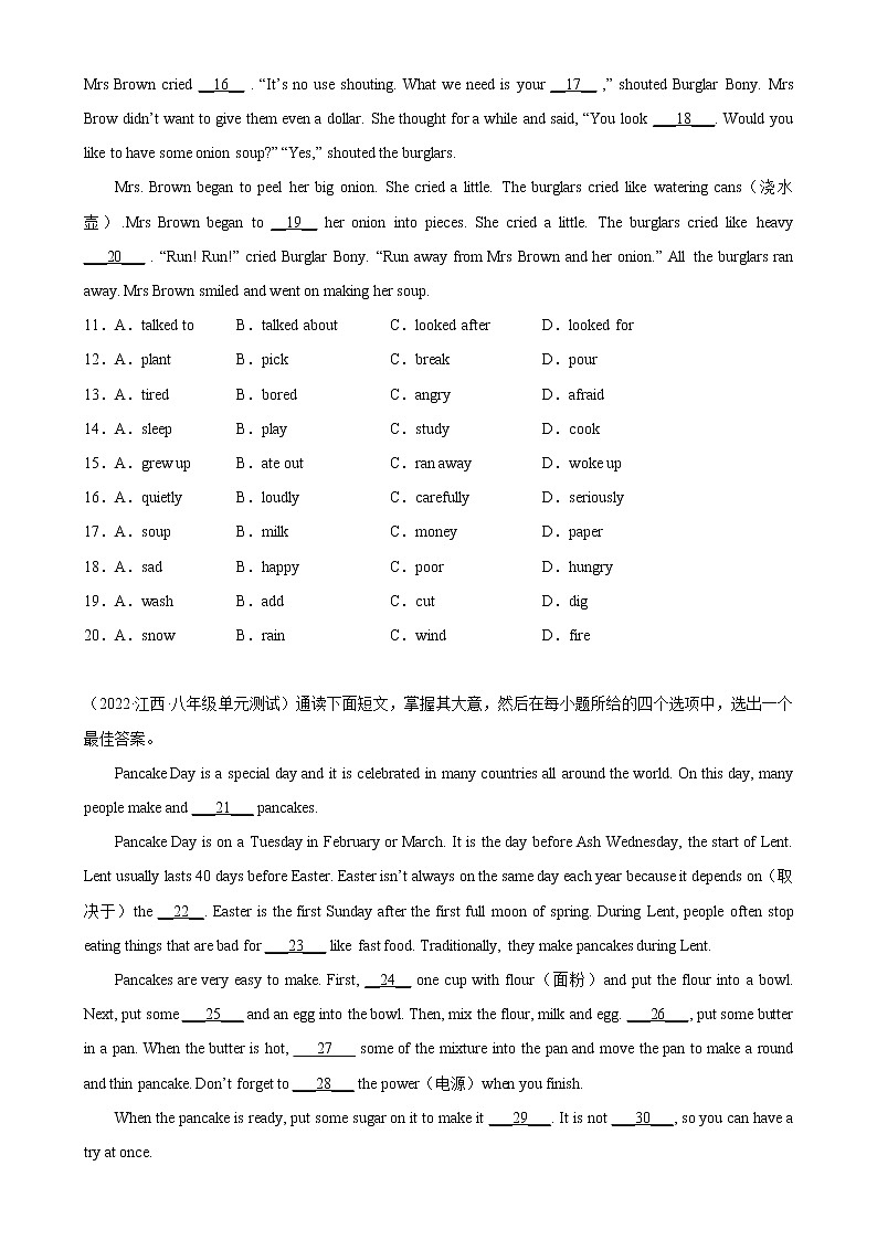 Unit 8 单元话题完形填空练习-2022-2023学年八年级英语上册单元重难点易错题精练（人教版）02