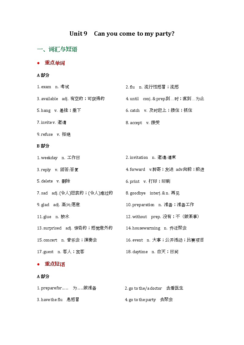 人教版八年级上册英语第九单元知识点归纳总结第1页