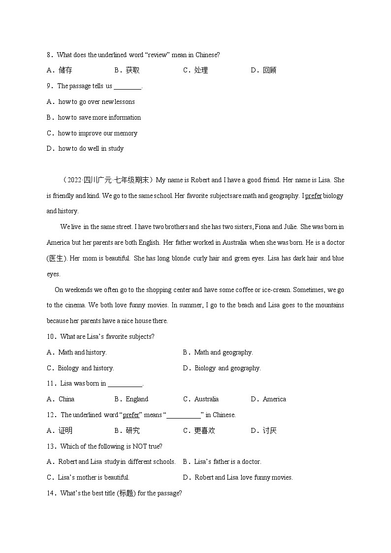 【期末查漏补缺】人教版英语七年级上学期 期末备考-专题10：阅读理解精练精析20篇03
