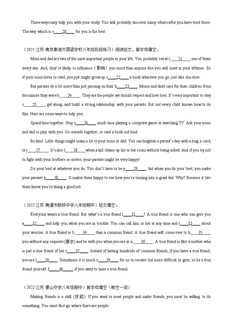 Unit 4 单元话题短文首字母填空练习-2022-2023学年八年级英语上册单元重难点易错题精练（牛津译林版）02