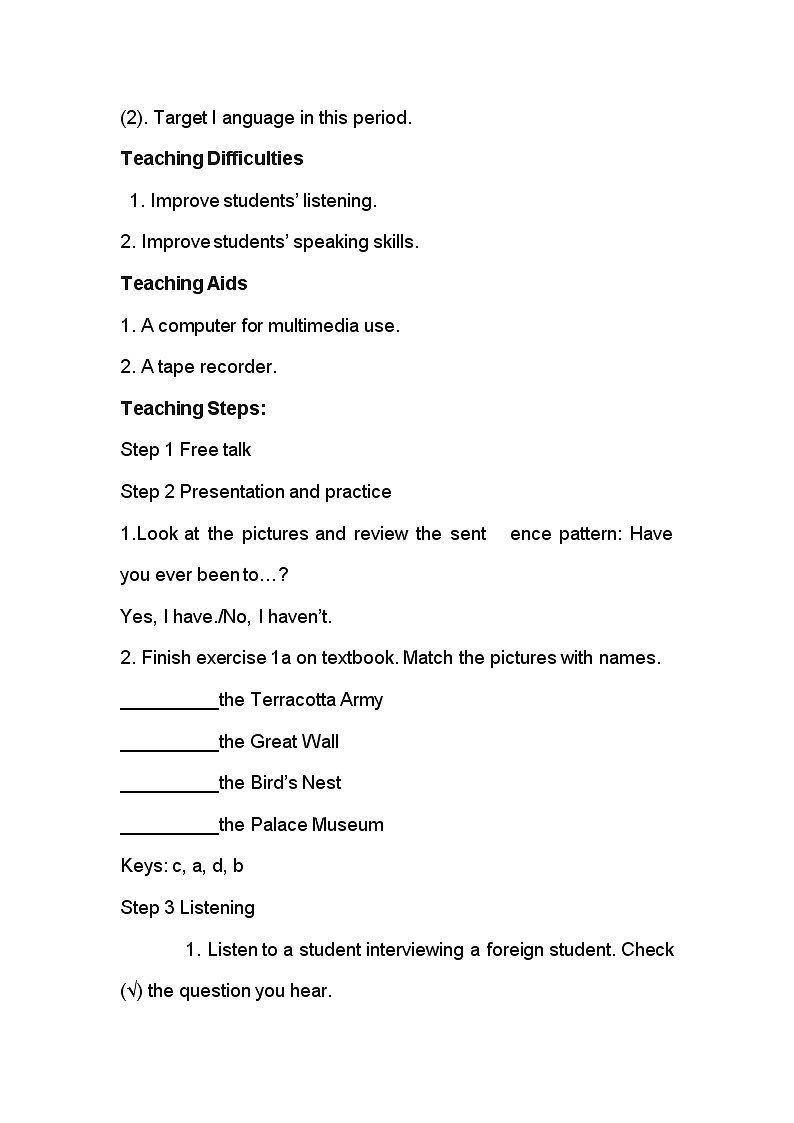 初中英语 人教新目标(Go for it)版八下 Unit 9 Have you ever been to a museum？ Section B 1a-1d 教案02