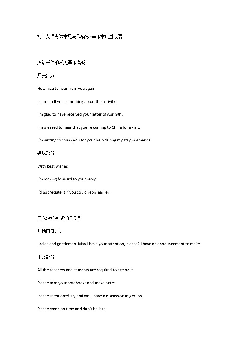 初中英语考试常见写作模板+写作常用过渡语第1页