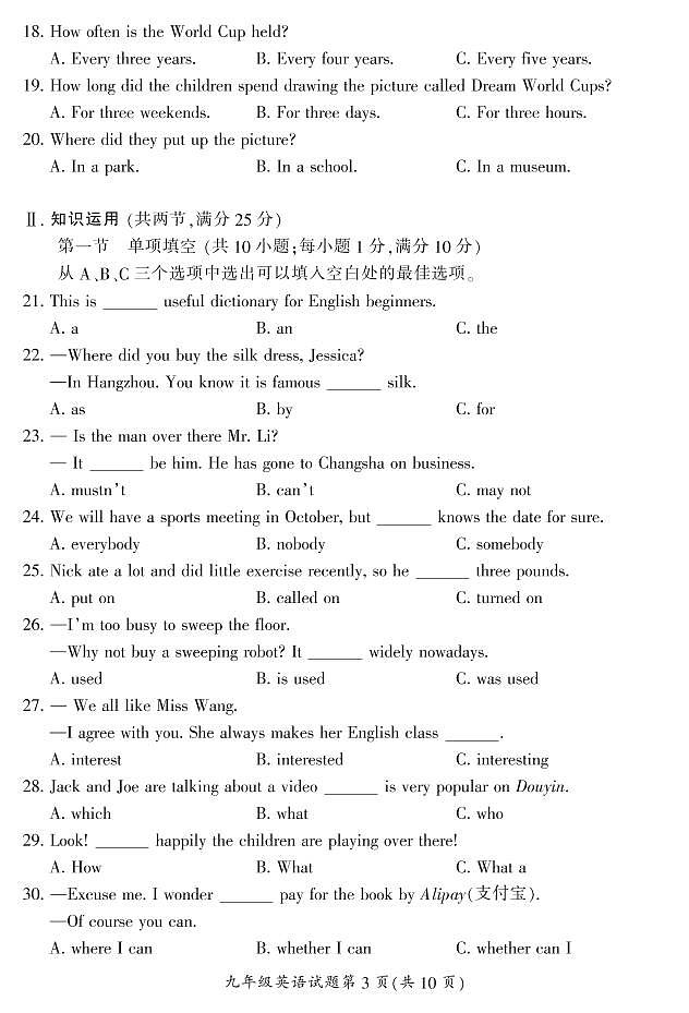 湖南省郴州市2020年下期九年级英语期末试卷（无答案）第3页