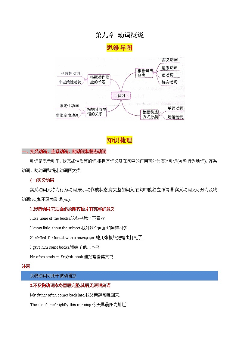 第九章动词概说（思维导图+知识梳理+好题精炼）2022-2023初中英语中考语法归纳第1页