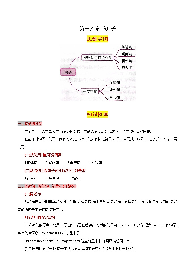 第十六章句子（思维导图+知识梳理+好题精炼）2022-2023初中英语中考语法归纳01