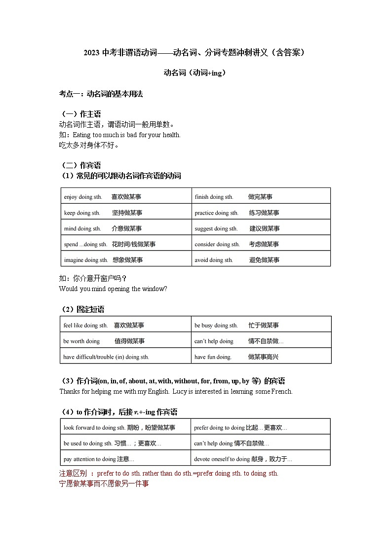 2023中考非谓语动词——动名词、分词专题冲刺讲义（含答案）第1页