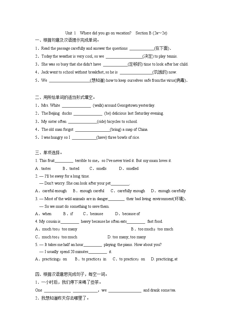 八年级上册英语人教版Unit 1《Where did you go on vacation》Section B 课时练习601