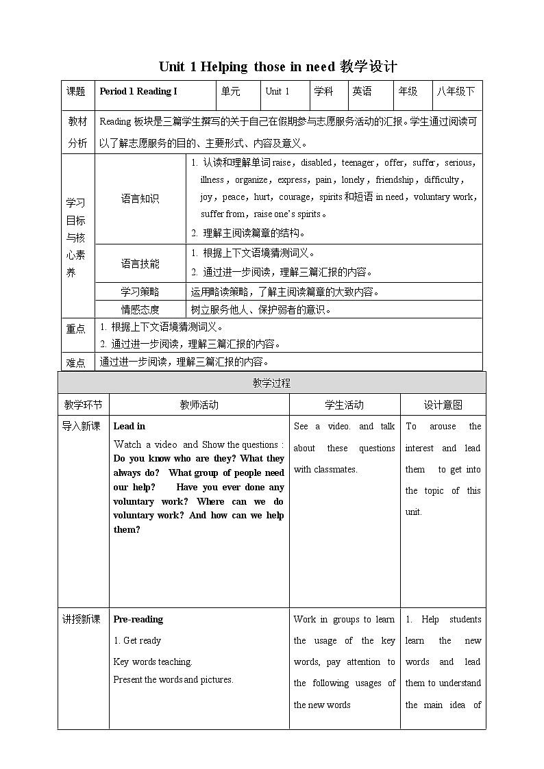 Unit 1 Helping those in need Period 1 Reading I 课件+导学案+教学设计01