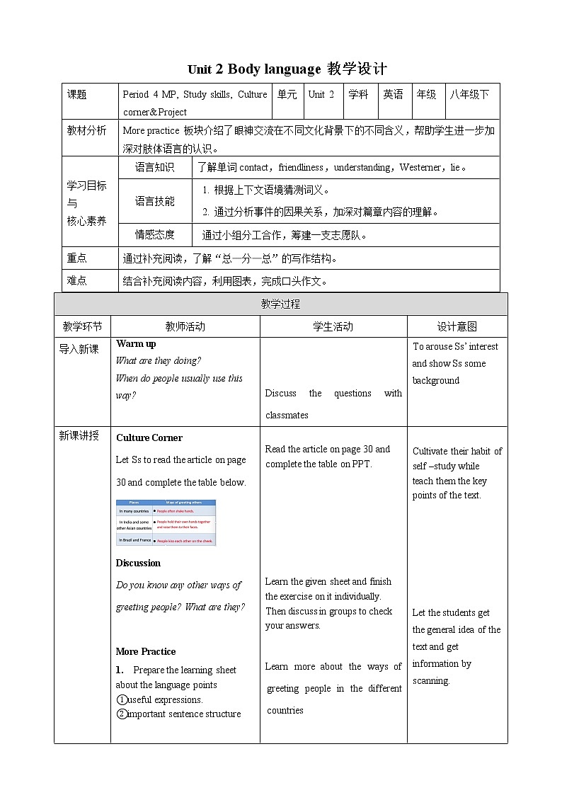 Unit 2 Body language Period 4 More Practice,Study Skills & Culture Corner课件+导学案+教学设计01