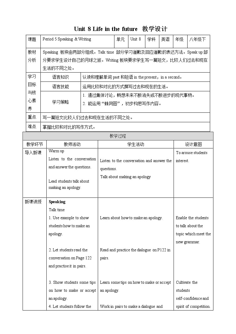 Unit 8 Life in the future Period 5 Speaking & Writing 课件+导学案+教学设计 copy01