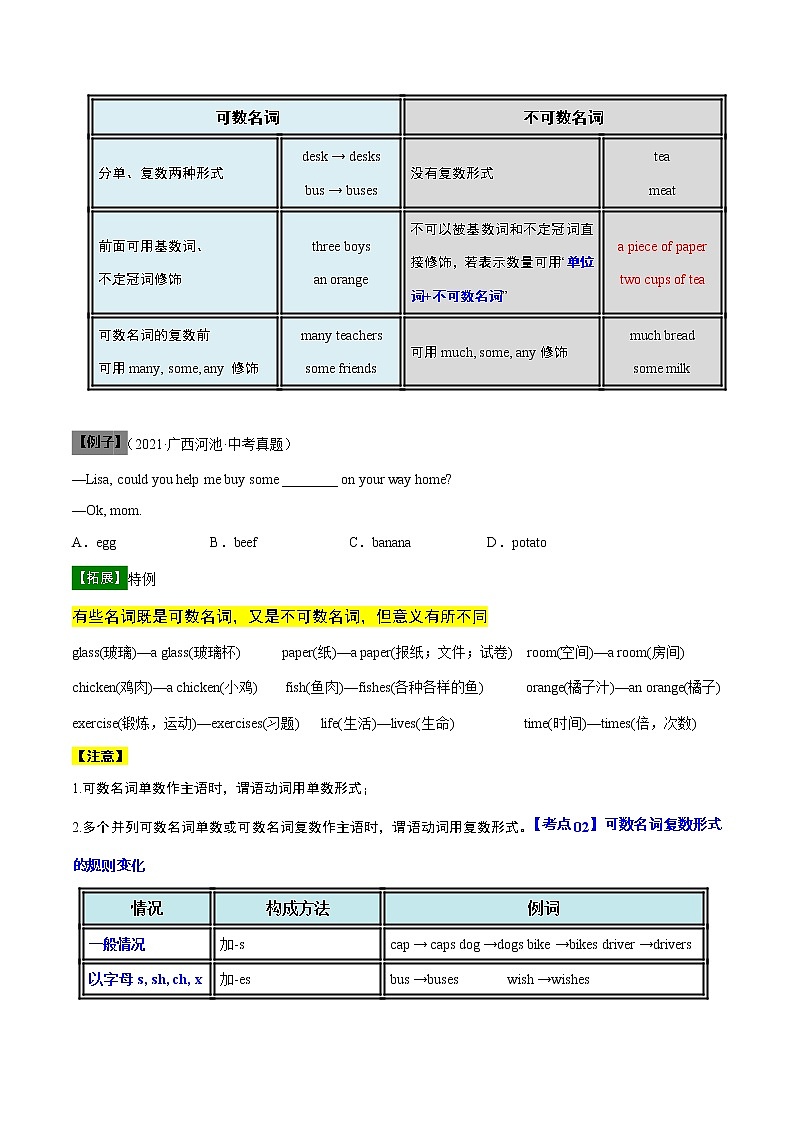 【寒假自学】2023年人教版英语七年级-第03讲《可数名词和不可数名词》寒假精品讲学案02