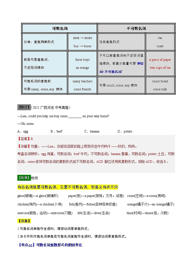 【寒假自学】2023年人教版英语七年级-第03讲《可数名词和不可数名词》寒假精品讲学案02