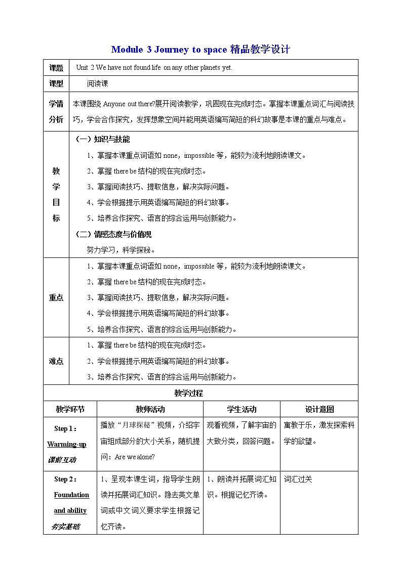 Unit2Wehavenotfoundlifeonanyotherplanetsyet教学设计第1页