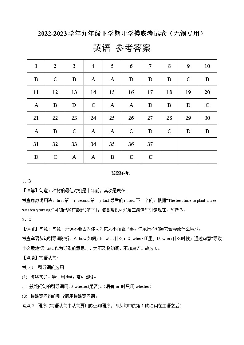 英语-2022-2023学年九年级下学期开学摸底考试卷（无锡专用）（参考答案）第1页