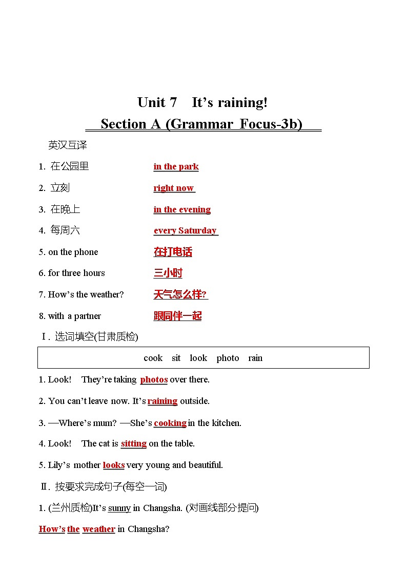 Unit 7　It’s raining!   Section A (Grammar Focus-3b) 同步练习 （教师版） 2022-2023 人教版英语 七年级下册第1页