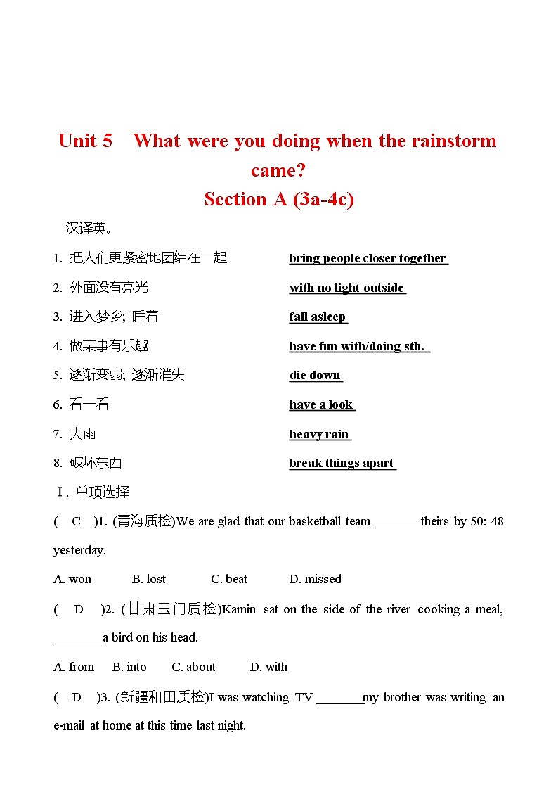 Unit 5  What were you doing when the rainstorm came？Section A (3a-4c) 同步练习  2022-2023 人教版英语 八年级下册01