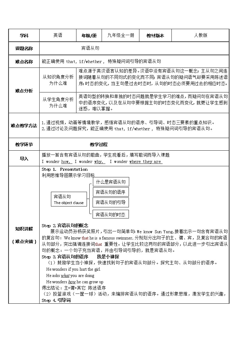 9年级人教版全一册  that, ifwhether , 特殊疑问词引导的宾语从句  教案01