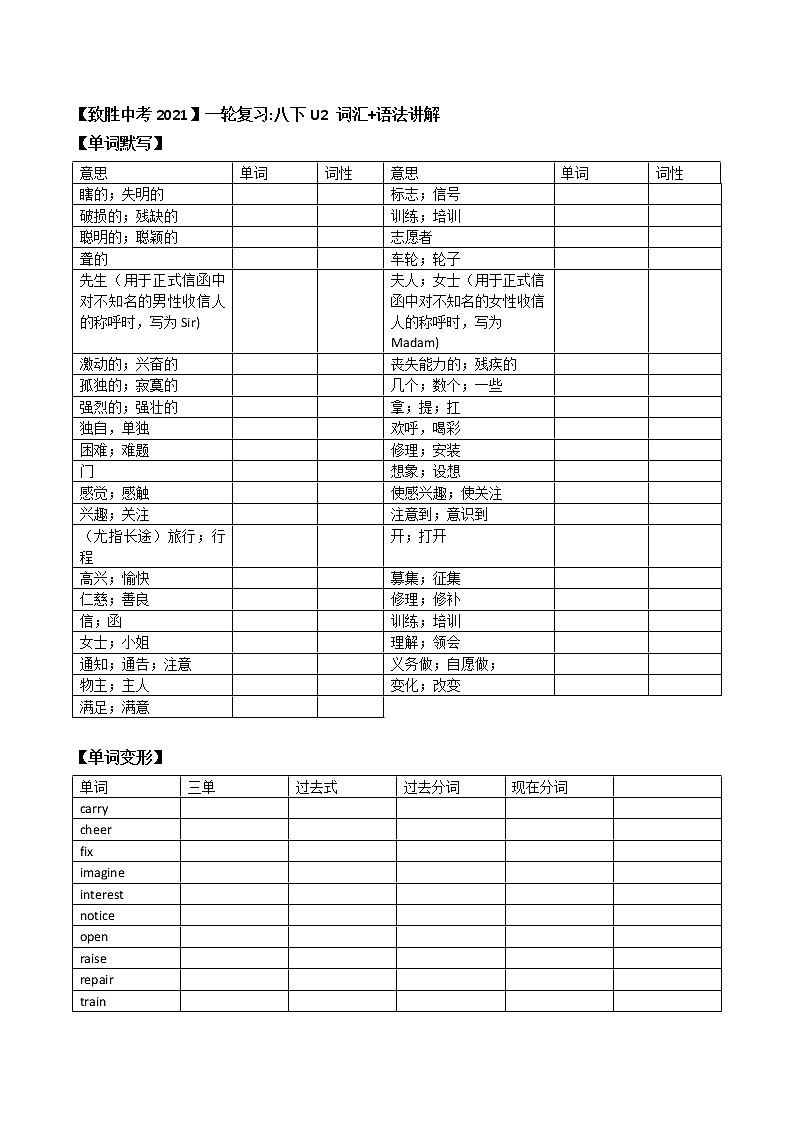 初中英语中考复习 【致胜中考2021】八年级下册Unit 2 （词汇+语法讲解）2021届人教版英语中考一轮复习第1页