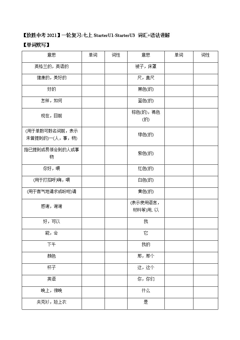 初中英语中考复习 【致胜中考2021】七年级上册Starter Unit 1-Unit 3 2021届人教版英语中考一轮复习（词汇+语法讲解）第1页
