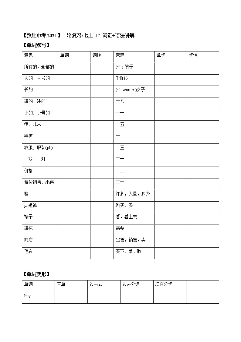 初中英语中考复习 【致胜中考2021】七年级下册Unit 1 2021届人教版英语中考一轮复习（词汇+语法讲解）第1页