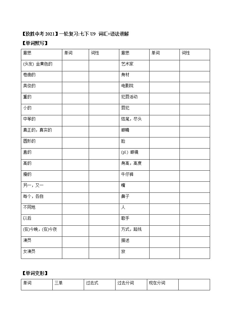 初中英语中考复习 【致胜中考2021】七年级下册Unit 9 2021届人教版英语中考一轮复习（词汇+语法讲解）第1页