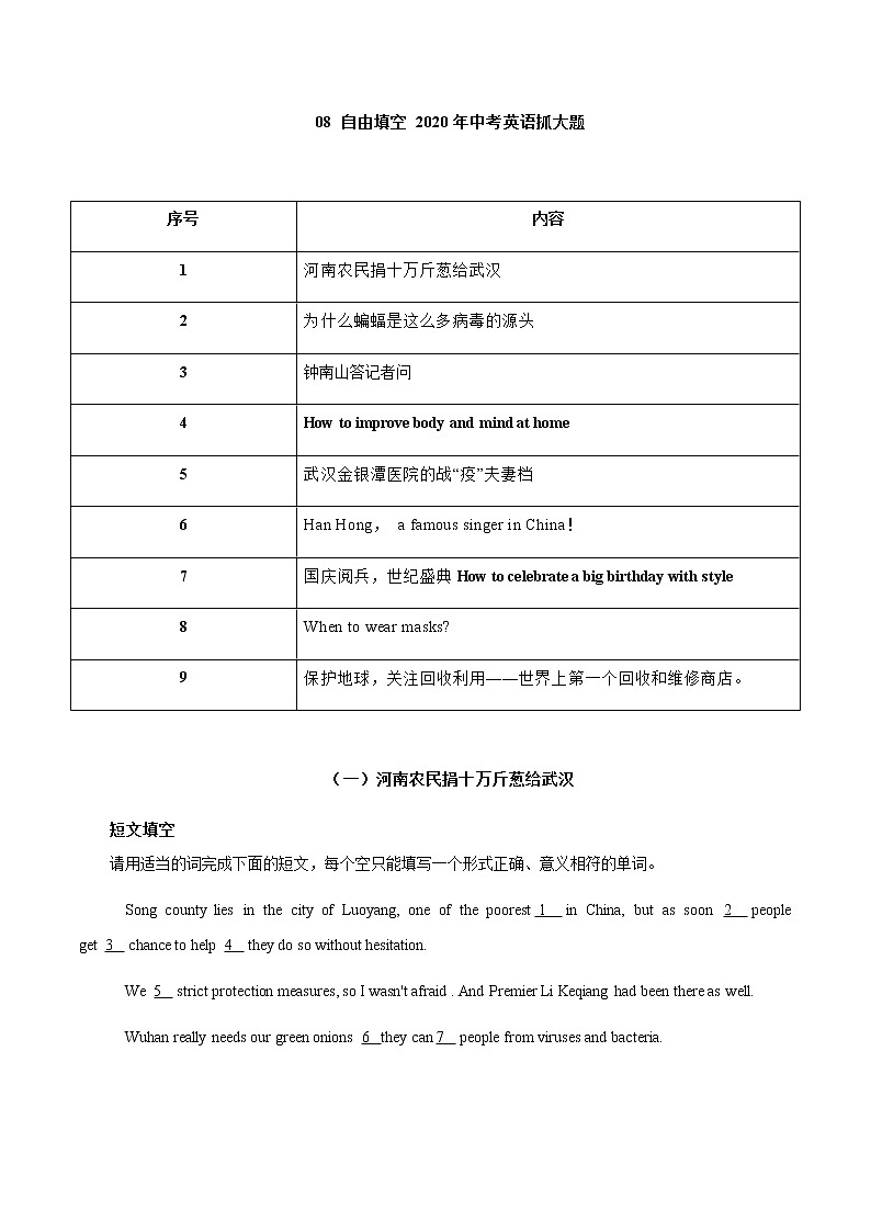 初中英语中考复习 08 自由填空 2020年中考英语抓大题原卷板01