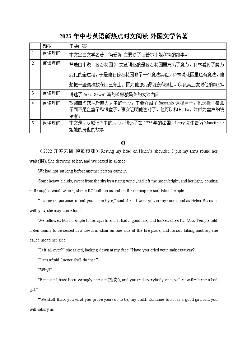 初中英语中考复习 12 外国文学名著-2023年中考英语新热点时文阅读第1页