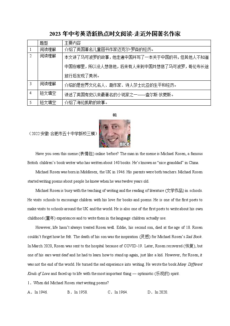 初中英语中考复习 13 走近外国著名作家-2023年中考英语新热点时文阅读第1页